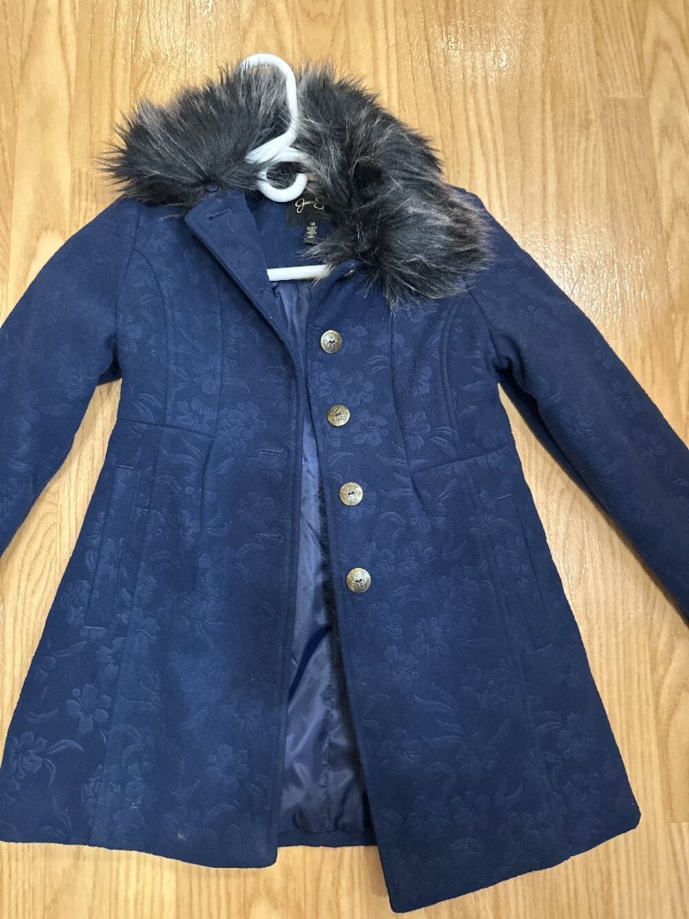 Jessica Simpson Girls Navy Floral Jacquard Coat Faux Fur Collar Size 10